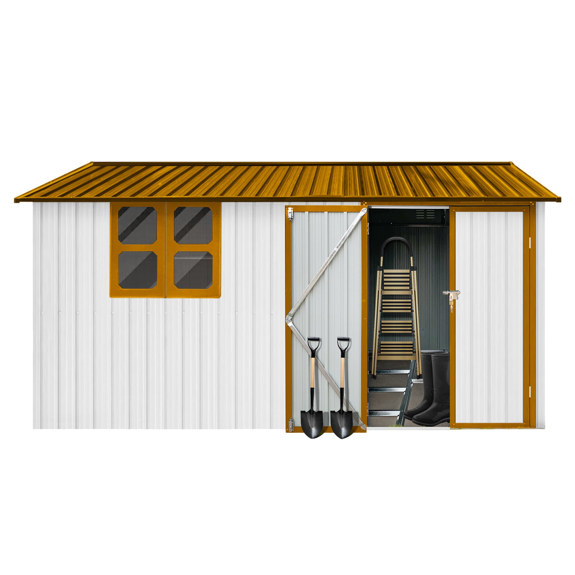 Aukfa 12FT x 10FT Outdoor Storage Shed, Metal Shed Storage with Window, Roof Slope Tool Shed with Door and Padlock for Backyards, Patio Lawns and Outdoor, Yellow