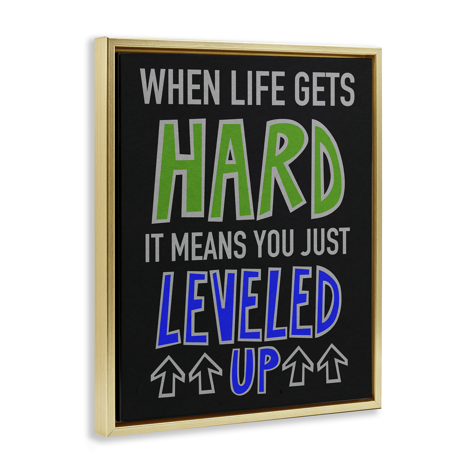 Stupell Industries Leveled Up in Life Typography Painting Gold Floater Framed Art Print Wall Art, 25 x 31