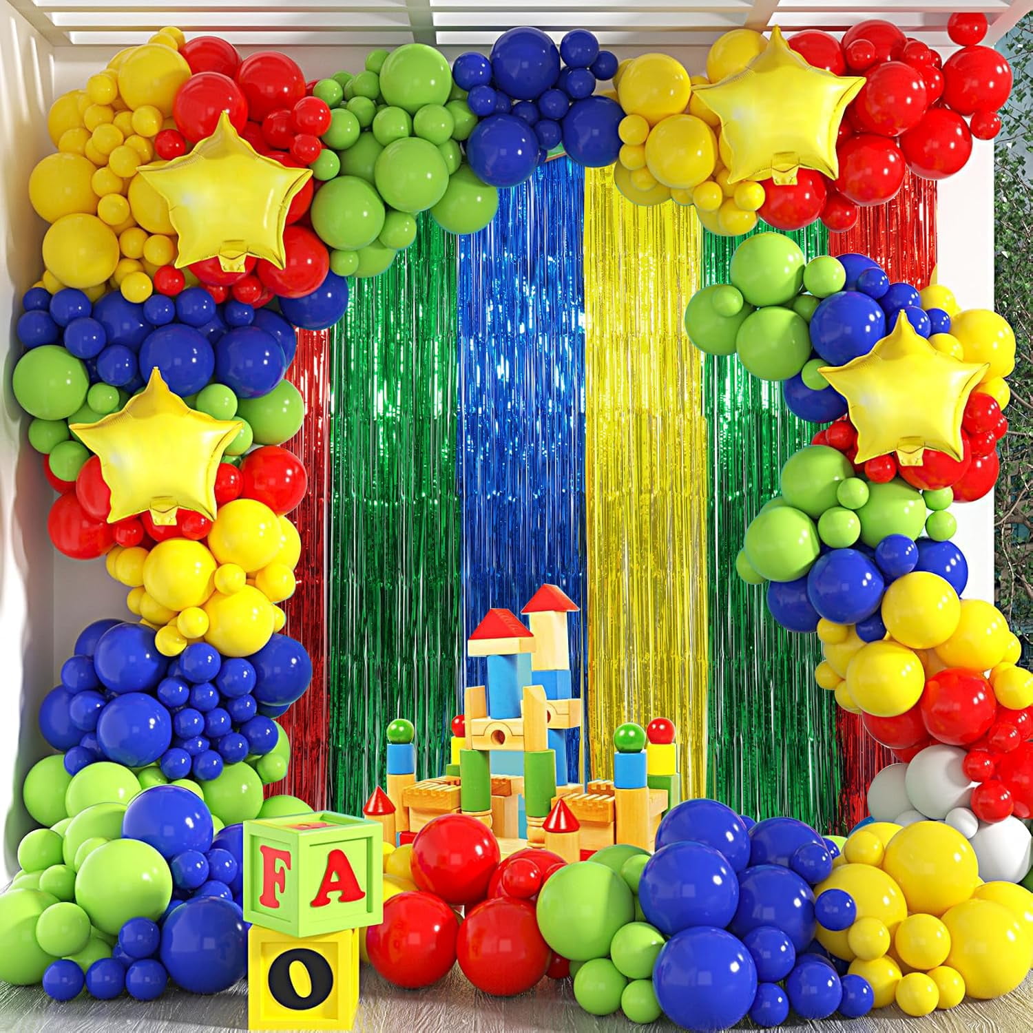 Super Bros Birthday Party Decoration, Including KKS1&nbsp;2Pack Red Yellow Foil Fringe Curtains, 1pc Mario Themed Birthday Banner & 22pcs Balloons for Video Game Mario Theme Birthday Party Supplies