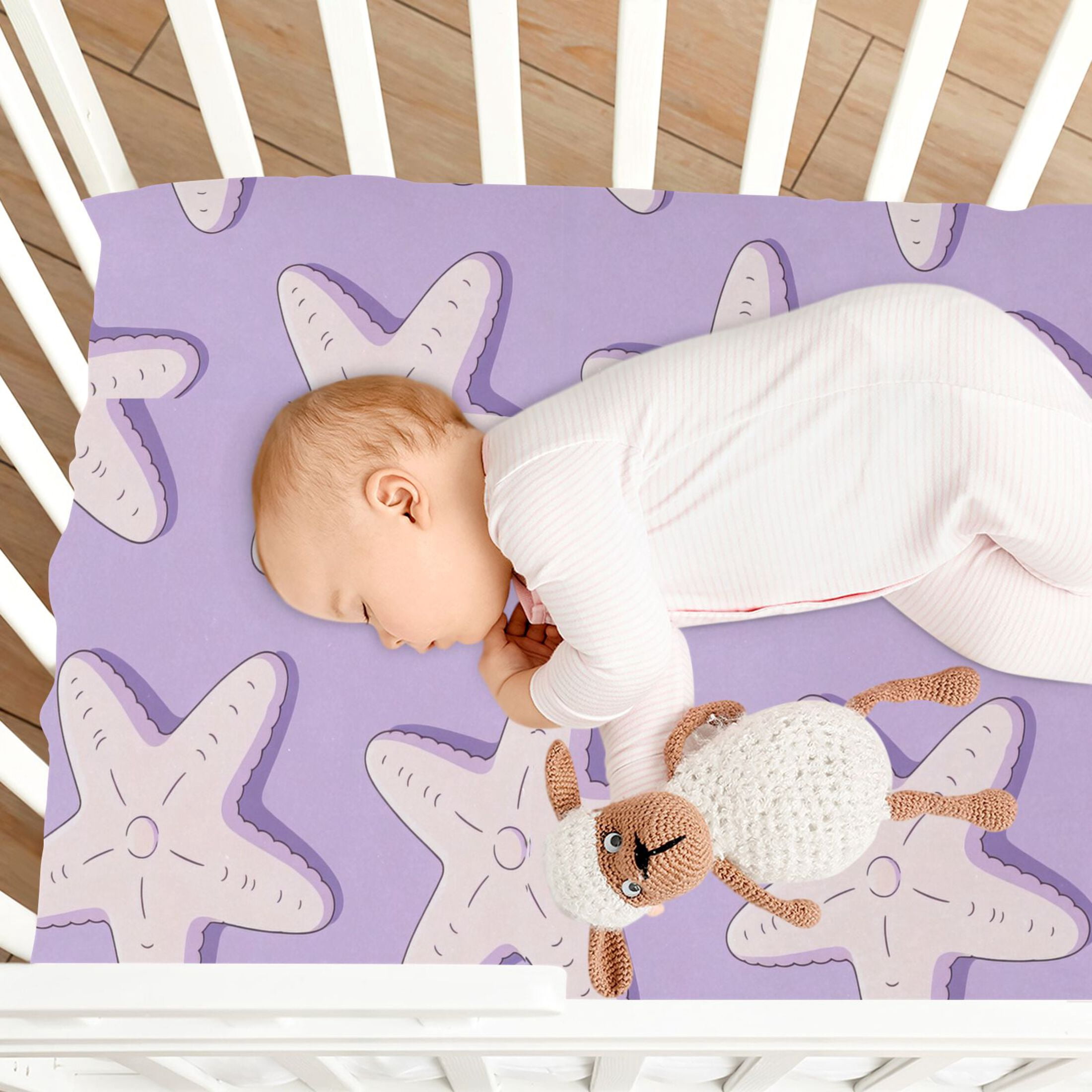 Baby Essentials 52”x 28”- Standard Cotton-like Modal Elastic- Purple Starfish Design Crib Sheets for Newborns and Toddlers