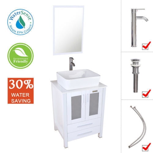 White Bathroom Vanity Set Ceramic Vessel Sink Faucet Mirror