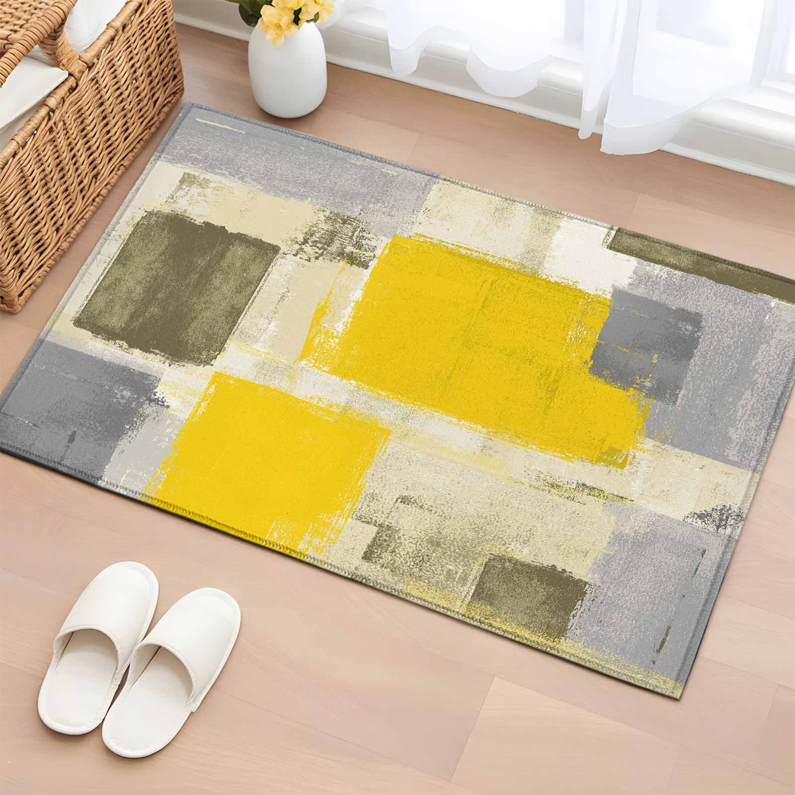 Yellow Paint Washable Small Entryway Area Rugs 2 x3 Abstract Mottled Low Pile Throw Rug Non-Slip Sturdy Edge Binding Carpet for Front Door Floor Room Entry