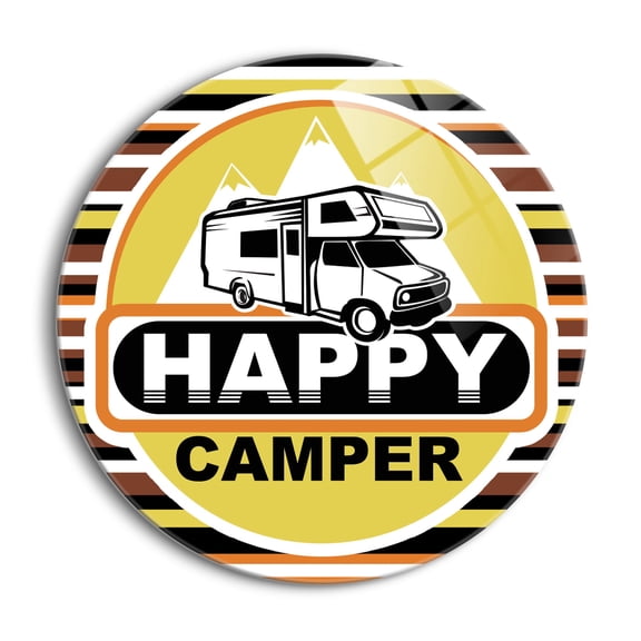 Happy Camper Yellow Brown Stripes RV 24 inch Glass Round Wall Hanging Sign