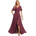 thumbnail image 1 of Vestido de dama de honor que desamifica las mangas onduladas de morera y cuello en V, 1 of 7