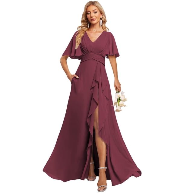 Vestido de dama de honor que desamifica las mangas onduladas de morera y cuello en V