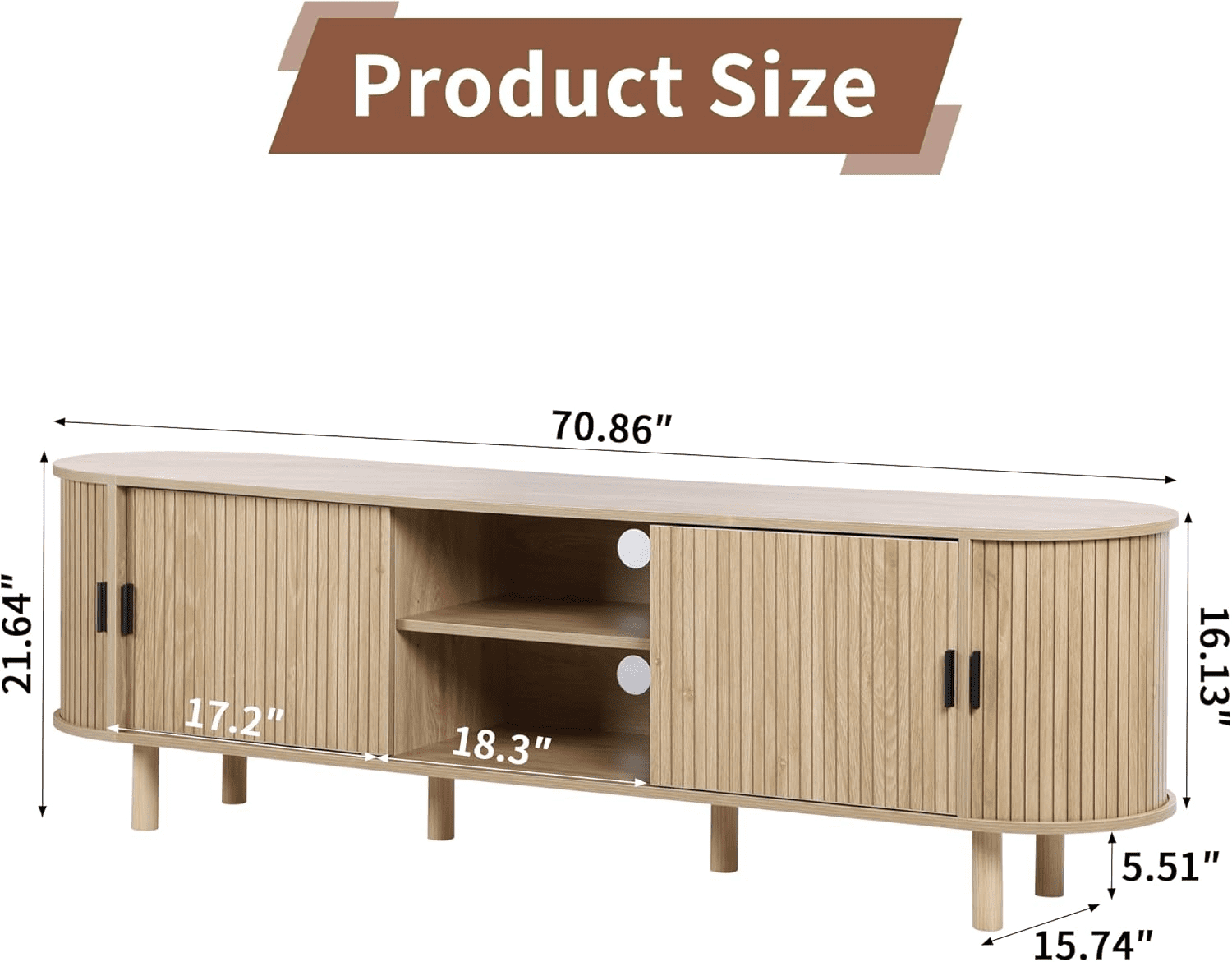 LEFHDA 70.8" Mid Century Modern TV Stand, Wood Tambour Door Entertainment Center with Storage for TVs Up to 75", Curved Edge Cabinet for Living Room Bedroom（Natural）