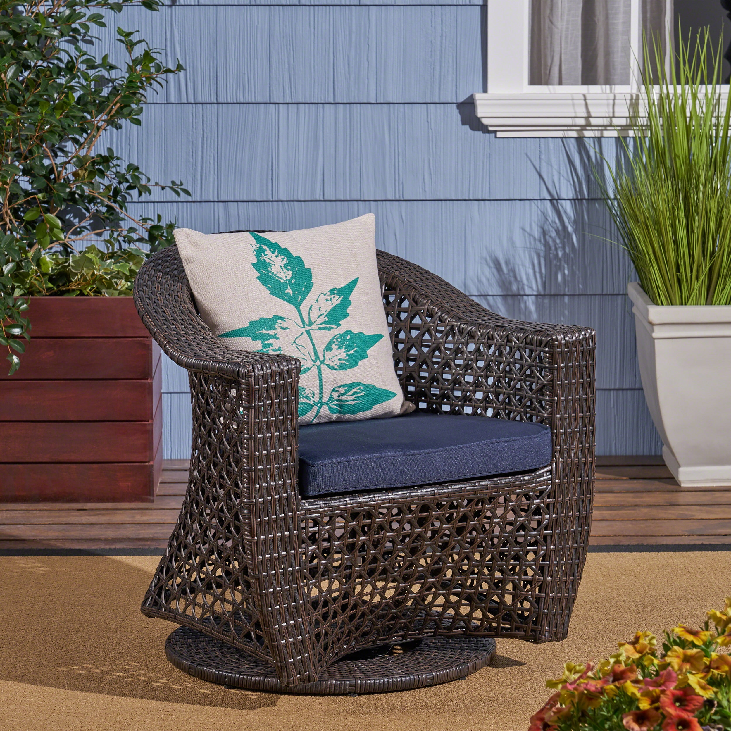 Zayn Outdoor Swivel Wicker Chair with Cushion, Multi Brown, Navy Blue
