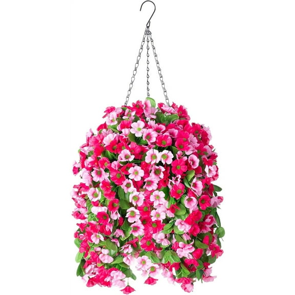 Artificial Hanging Flowers in 12 inch Basket, Fake Plant Silk Orchid Flower Arrangement with Coconut Lining Pot Planter for Patio Garden Porch Deck Spring Decoration(Rose and Pink)