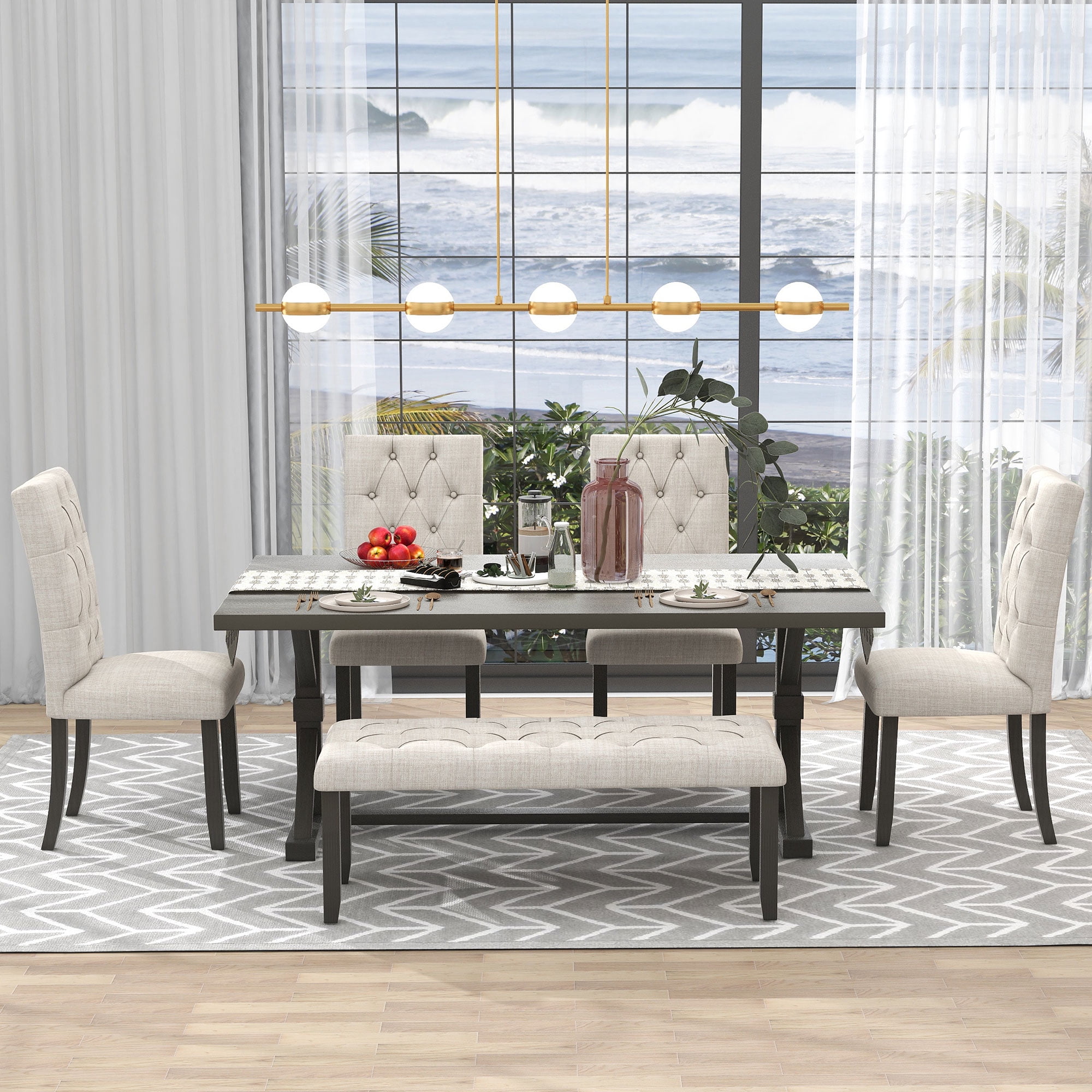 Howcool 6-Piece Farmhouse Dining Set, 72" Rectangular Wood Table, 4 Upholstered Chairs & Bench, Gray