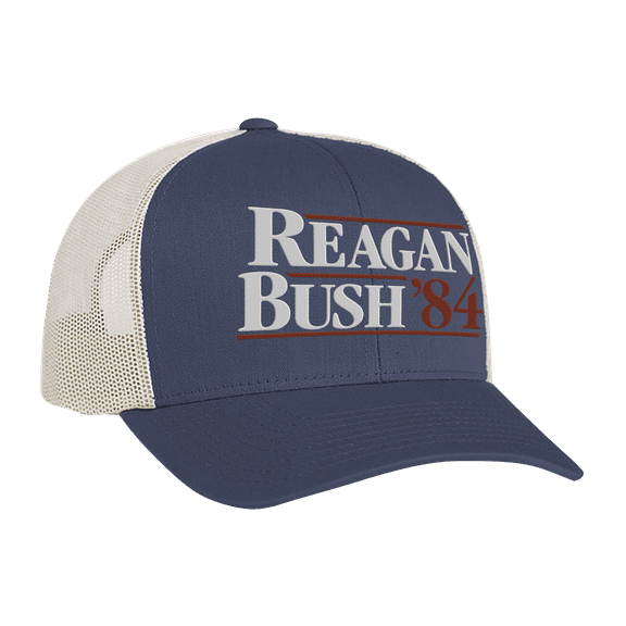 Trenz Shirt Company Reagan Bush 84 Campaign Adult Trucker Hat-Ocean Blue/Beige