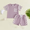 thumbnail image 2 of OYXSER Toddler Boy Clothes 4T 5T Cartoon Summer Short Sleeve Button Down Shirt & Shorts Set Cool Short Sets, Purple 6-12M, 2 of 4