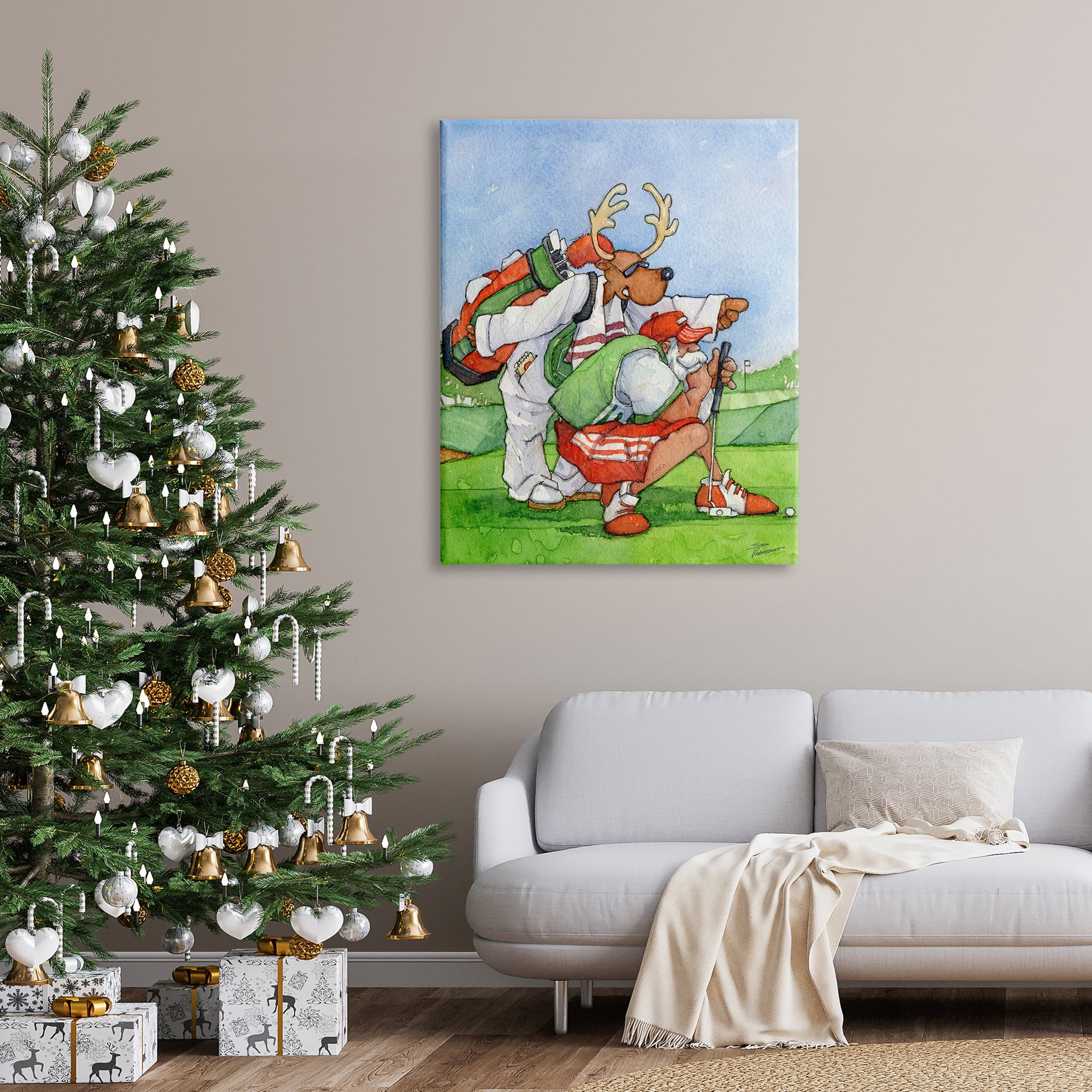 Santa Claus Off Duty Silly Reindeer Golfing Animals & Insects Painting Gallery-Wrapped Canvas Print Wall Art