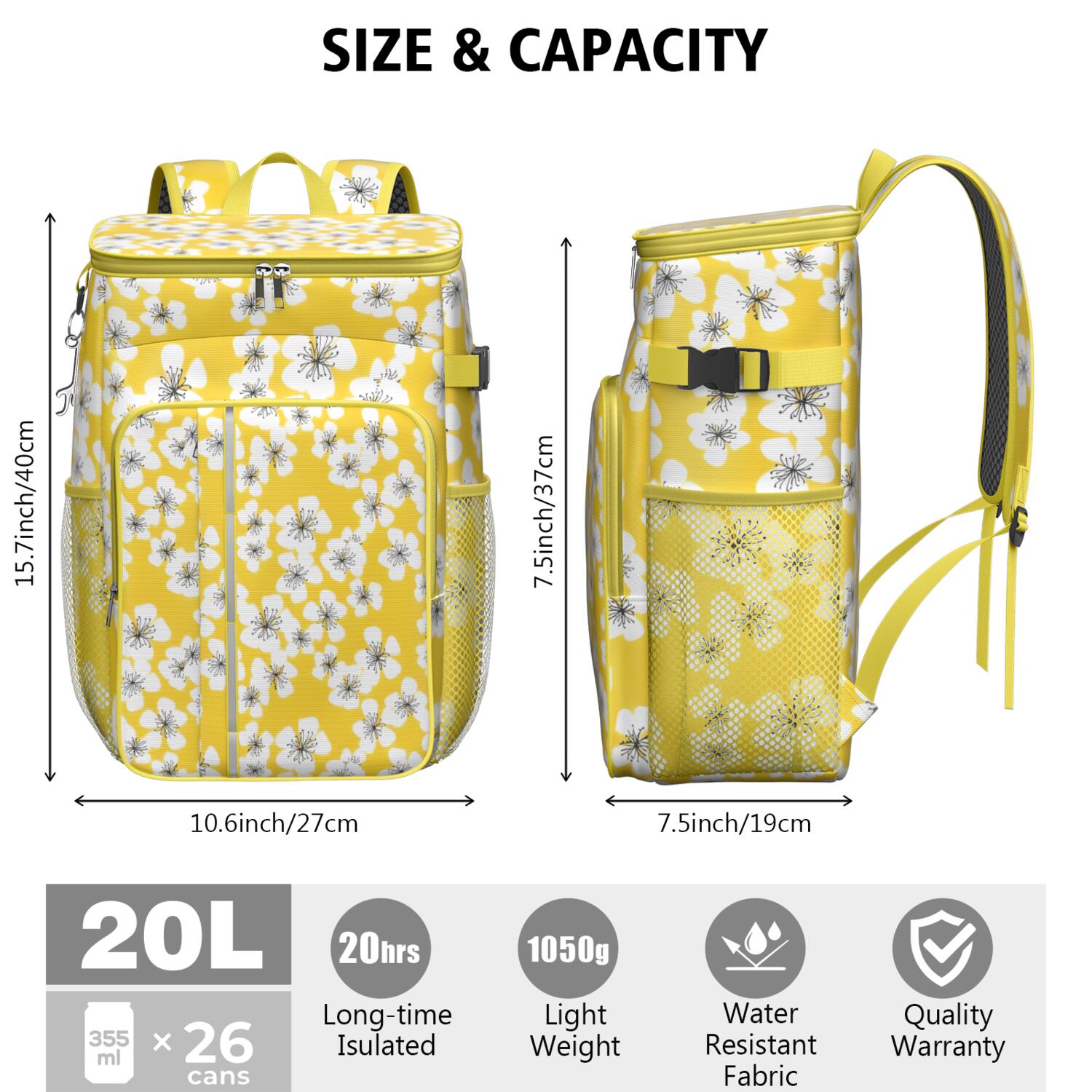 Travel Cooler Bag - Pioneer Flower Floral Print Pattern Camping Beer Cooler Backpack with Bottle Opener- Waterproof Insulated Picnic Backpacks - Cooler Bag for Beach
