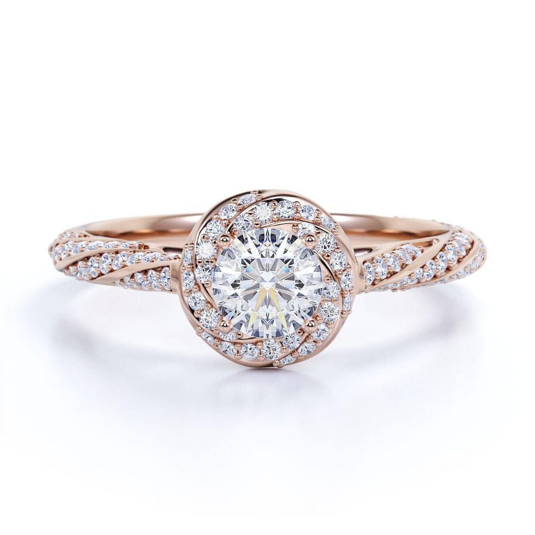 JeenMata 1.2 TCW Round Cut Moissanite - Splendid Encrusted Twirl - Pave Halo Engagement Ring - 18K Rose Gold Plating over Silver