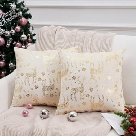 

Christmas Pillow Covers 16x16 Set of 2 Xmas Cream Gold Velvet Bronzing Snowflake Reindeer Decorative Pillow Case Winter Merry Christmas Holiday Decor Throw Cushion Case for Home Couch