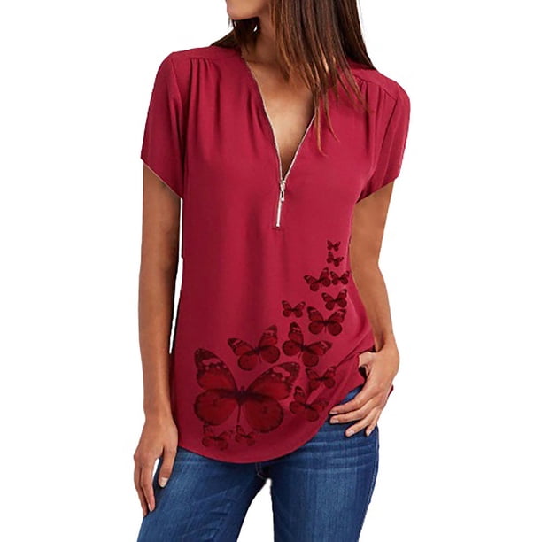 Blusa Casual Elegante Con Cuello en V de Moda Para Mujer Estampado de Manga Corta de Ocio Odeerbi ODB163887