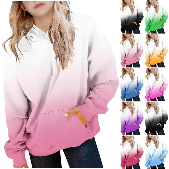 Ashirexll Zip Up Hoodie Girls Long Sleeve Shirts 5-15 Years Childrens Gradient Printed Raglan Sleeves Long Sleeves Medium Large Childrens Casual Hooded Pockets Pullover Top