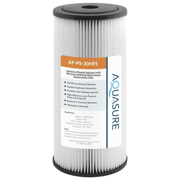 Aquasure Fortitude V2 Series 30 Micron Pleated Sediment Whole House Replacement Water Filter, Standard Size (AF-PS-30HFS)