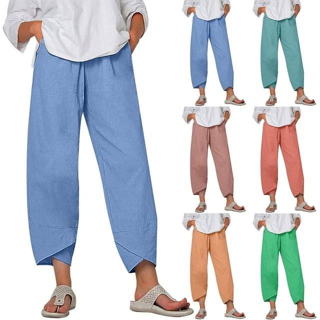 Sentmoon Stretchy Pants for Women Solid Color High Elastic Waist Jogging Pants for Women Plus Size Loose Fit Linen Elastic Waist Pants for Women for Summer and Hot Weather