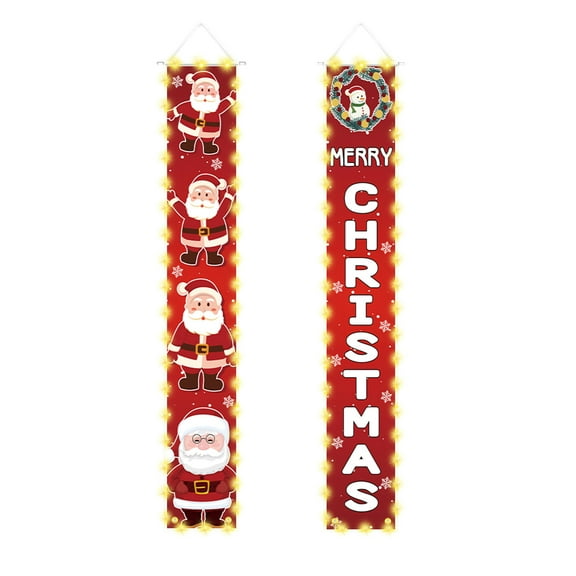 Christmas Hanging Porch Signs Banner with LED String Light Door Banner Xmas Banner for Indoor Outdoor Home Garage Wall Holiday Party Decorations