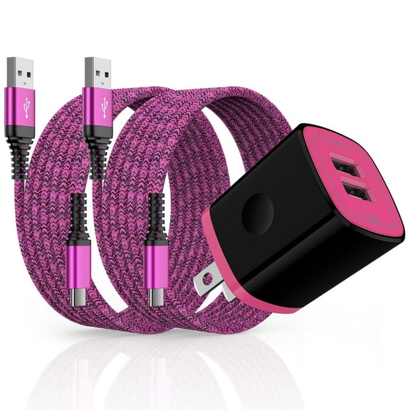 USB Wall Charger Block, Hootek 2.1A Dual Port USB Charger Block with 2Pack Android Charging Cord Type C Cable USB C Charging Cables 10ft USB Brick Charger Box Fast Charging Block for Samsung, Pink
