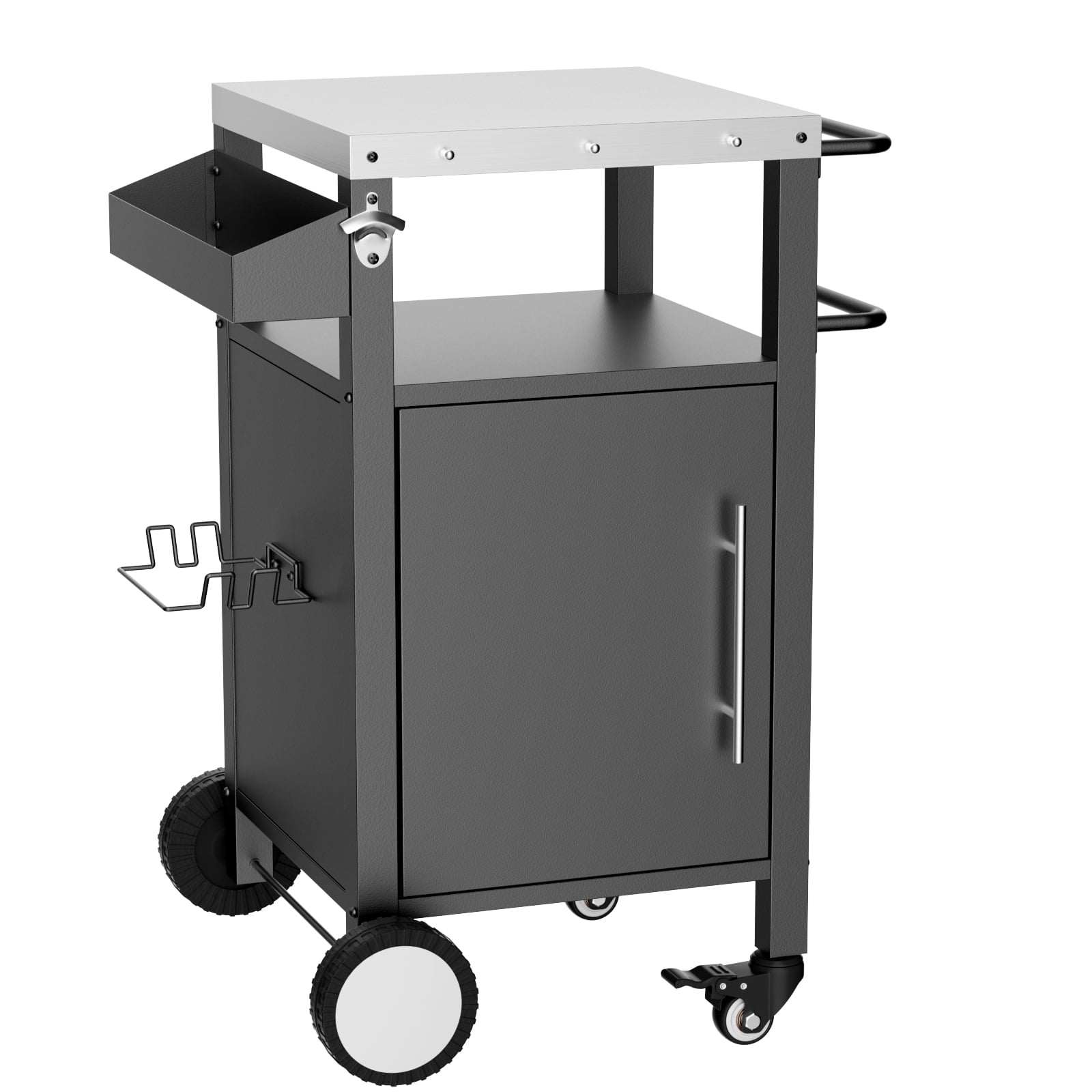 Outdoor Grill Cart with Storage Cabinet, Rolling BBQ Prep Table with Stainless Steel Top, Lockable Wheels, Hooks and Spice Rack, Multifunctional Patio Bar Cart for Backyard Pizza Oven Station