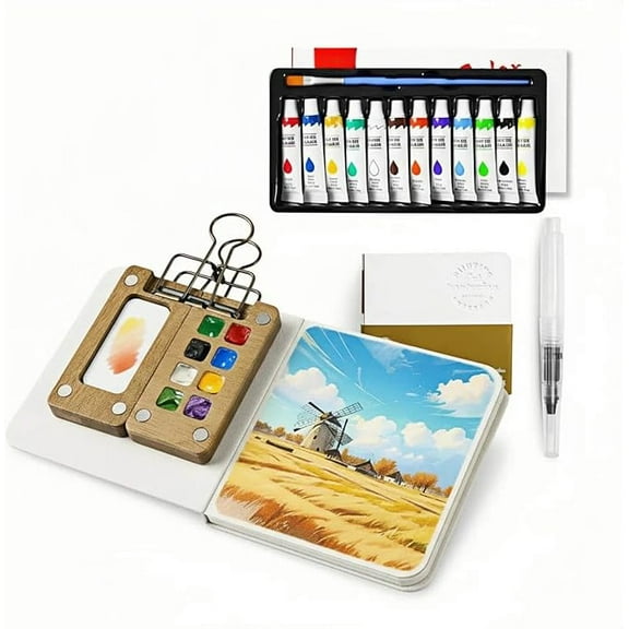 Mini Watercolor Travel Set - 2025 Upgraded Portable Paint Kit with Wooden Palette, Paints, Brushes & Art Supplies for Artists, Students & Beginners