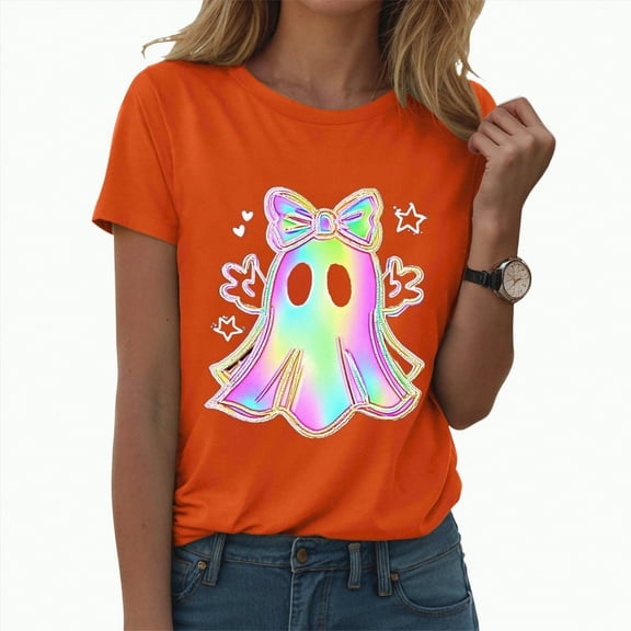 enyan Womens Cute Halloween Shirts Pumpkin Printed Cute T Shirts Orange Graphic Tops Fall Tee Fashion Orange,XL