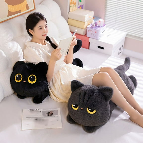 Cat Plush Pillow Cute Kitten Stuffed Animals Plushies Toy Gifts for Kids Adult, 20 inch Long(Black)