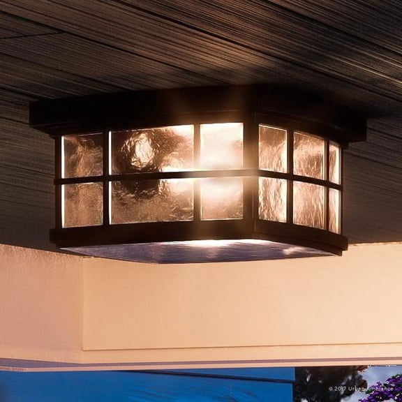 Urban Ambiance Luxury Craftsman Outdoor Ceiling Light, Small Size: 5.75"H x 12"W, with Tudor Style Elements, Highly-Detailed Design, High-End Black Silk Finish and Water Glass, UQL1248