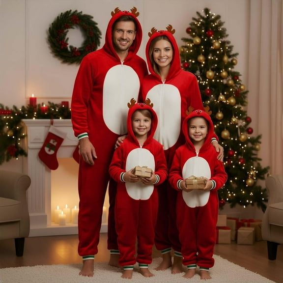 YoupWaven Reindeer Family Matching Christmas Onesies Pajamas for Family, Red & White Onesie with Hoodie, Cozy Hooded Christmas Reindeer Jumpsuit for Family Moms, Dads, and K'i'ds, Red