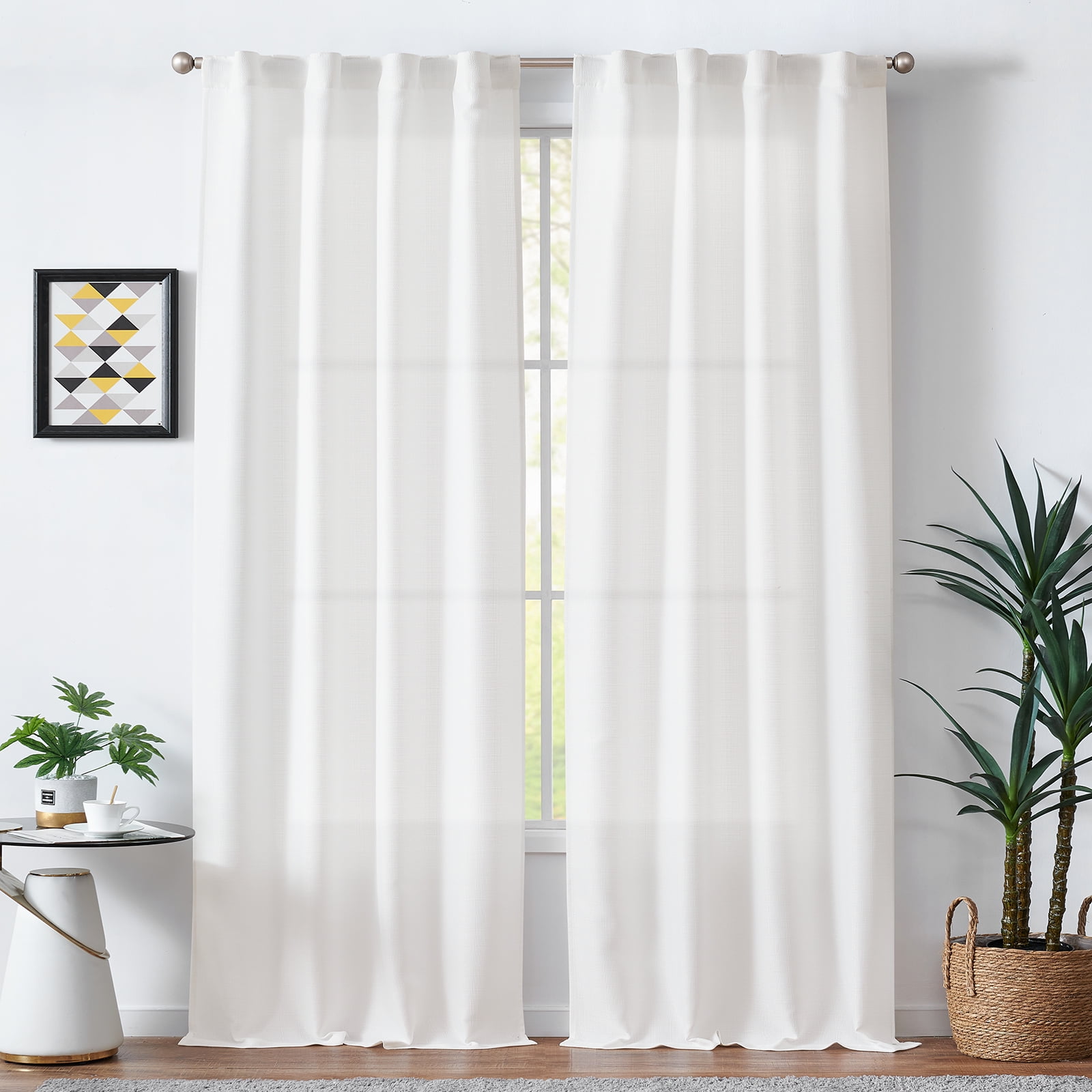 Curtainking White Curtains for Living Room 96 inches Linen Textured Curtains Light Filtering Back Tab Curtains Casual Weave Back Tab Drapes 2 Panels