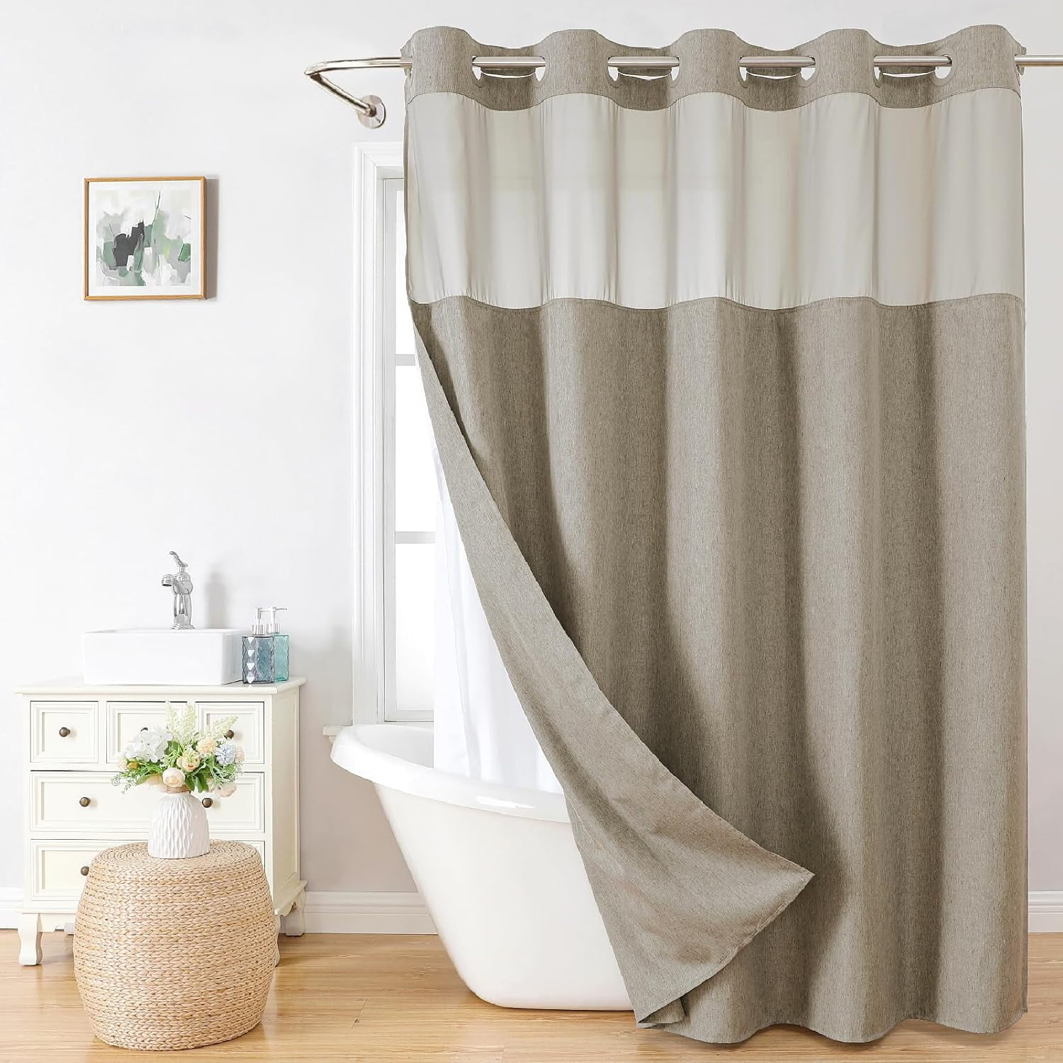 Ikfashoni Hookless Shower Curtain with Snap in Liner,Brown Waffle Weave Waterproof Fabric Mesh Window Bathroom Curtain,72"X78"