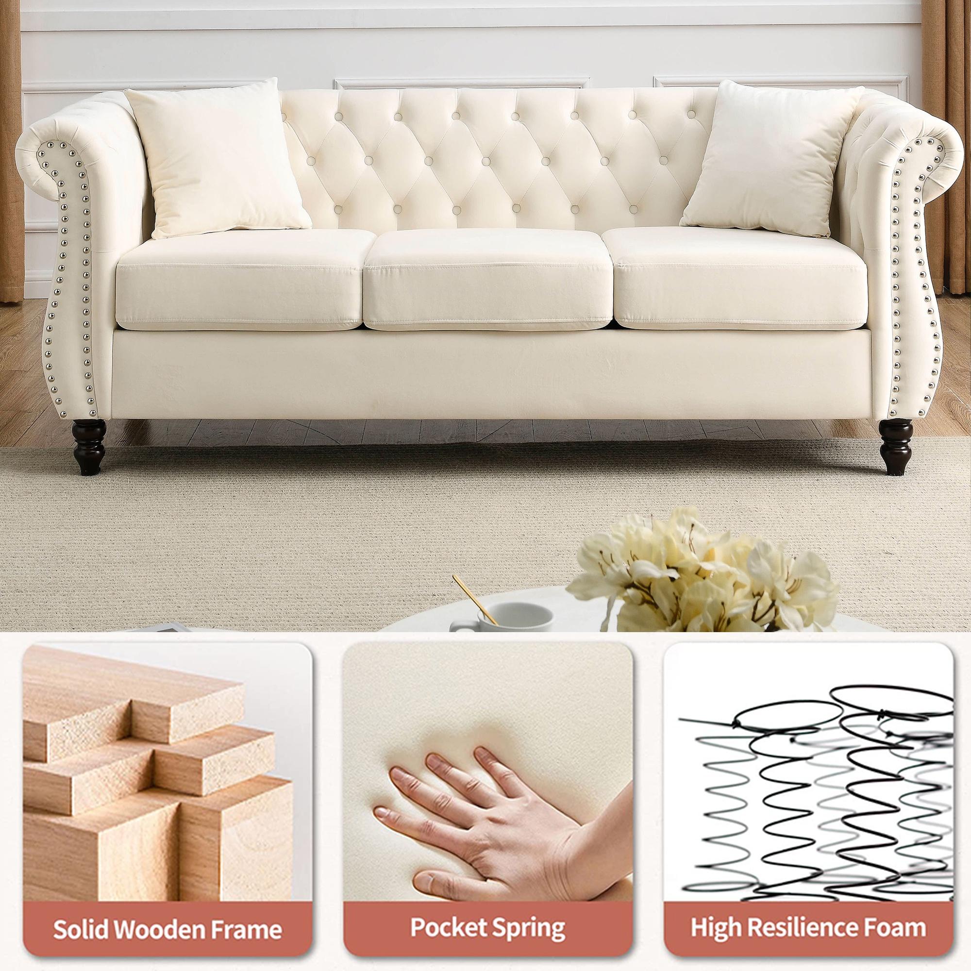 FURNINEST Living Room Sofa Furniture, Mid-Century 3-Seat Couches and Sofas, Velvet Upholstered Sofa Sofa with 2 Pillows and Wood Legs, Velvet Sofa for Living Room Bedroom, 80"L x 29"W x 30"H, Beige