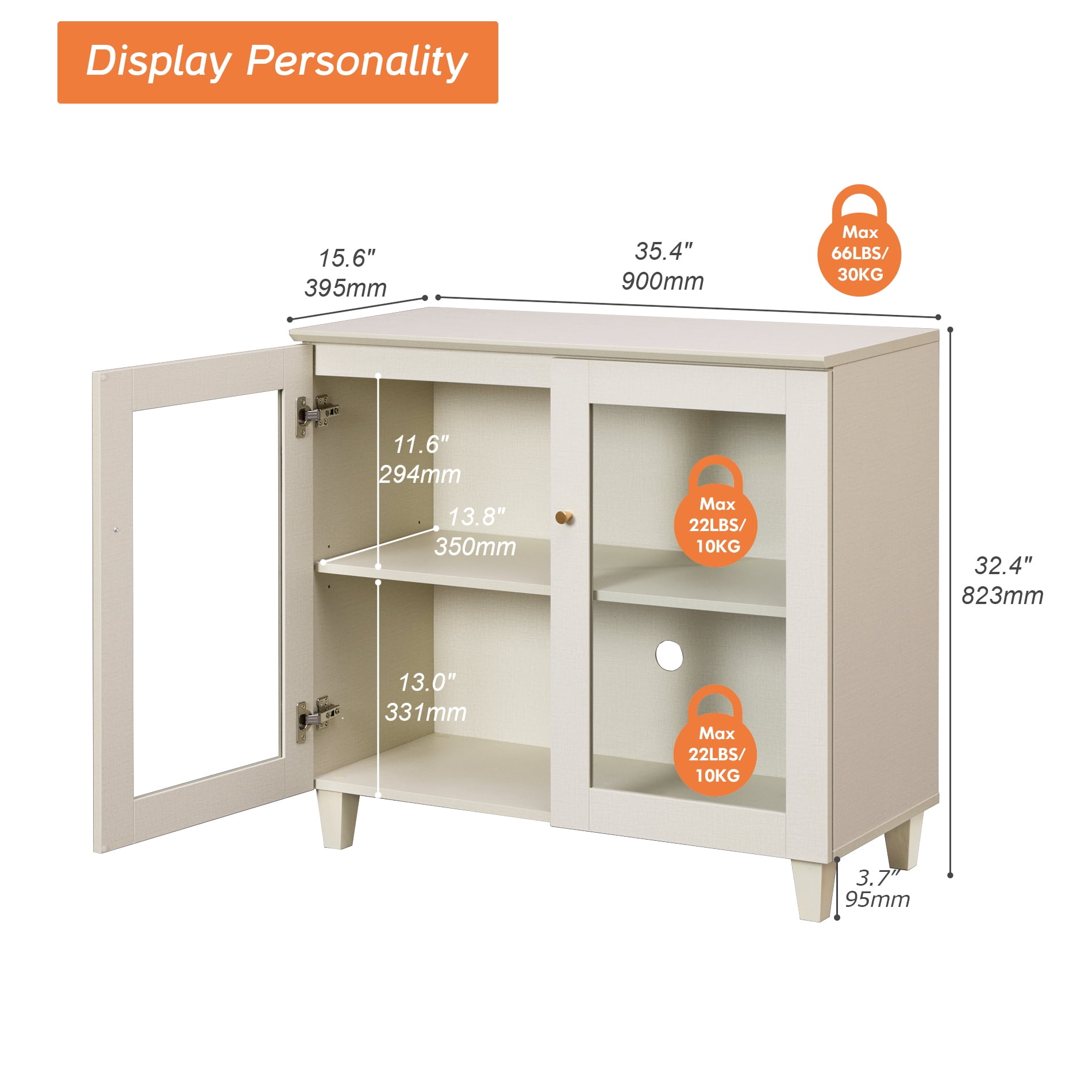 Large Bedroom Nightstand with Glass Doors, Tall Bedside Table with Adjustable Shelf and Cable Management, Beige