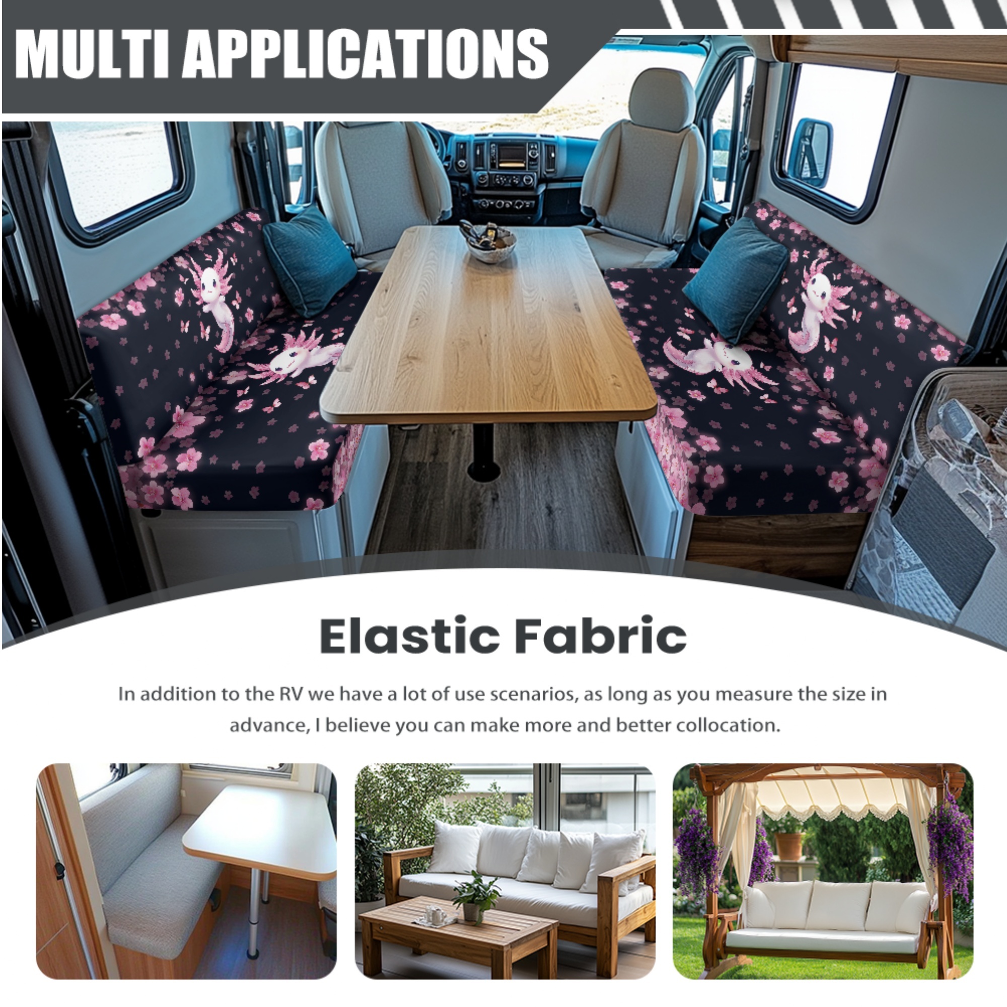 FOR U DESIGNS Axolotl Cherry Blossom Print 3 Pcs RV Dinette Cushion Covers Elastic Camper Seat Covers with Pillowcase, Stretch Loveseat Sofa Chair Cover Furniture Protector for RV Camper Bench