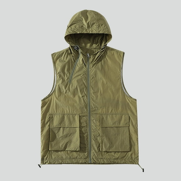 Donemore Men's Casual Solid Color Hooded Multi Pocket Sleeveless Loose Fit Work Vest,Urban Outdoor Streetwear Stylish Breathable Lightweight Men's Clothing