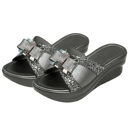 

1 Pair Summer Thick Wedge Sole Slipper Sandals Flip-flops Bowknot with Sequins Decor Summer Casual Shoes for Women (Grey 38 24CM 7US 4.5UK 38EU 9.432 Inch)