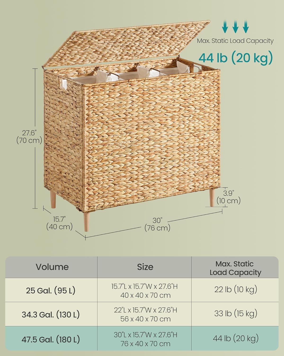 FeGemax Laundry Hamper 3 Sections, 47.5 Gal. (180 L) Handwoven Water Hyacinth Wicker Laundry Basket with Lid, Natural Material, Removable Machine Washable Liners, Handles, Natural ULCB203Y01