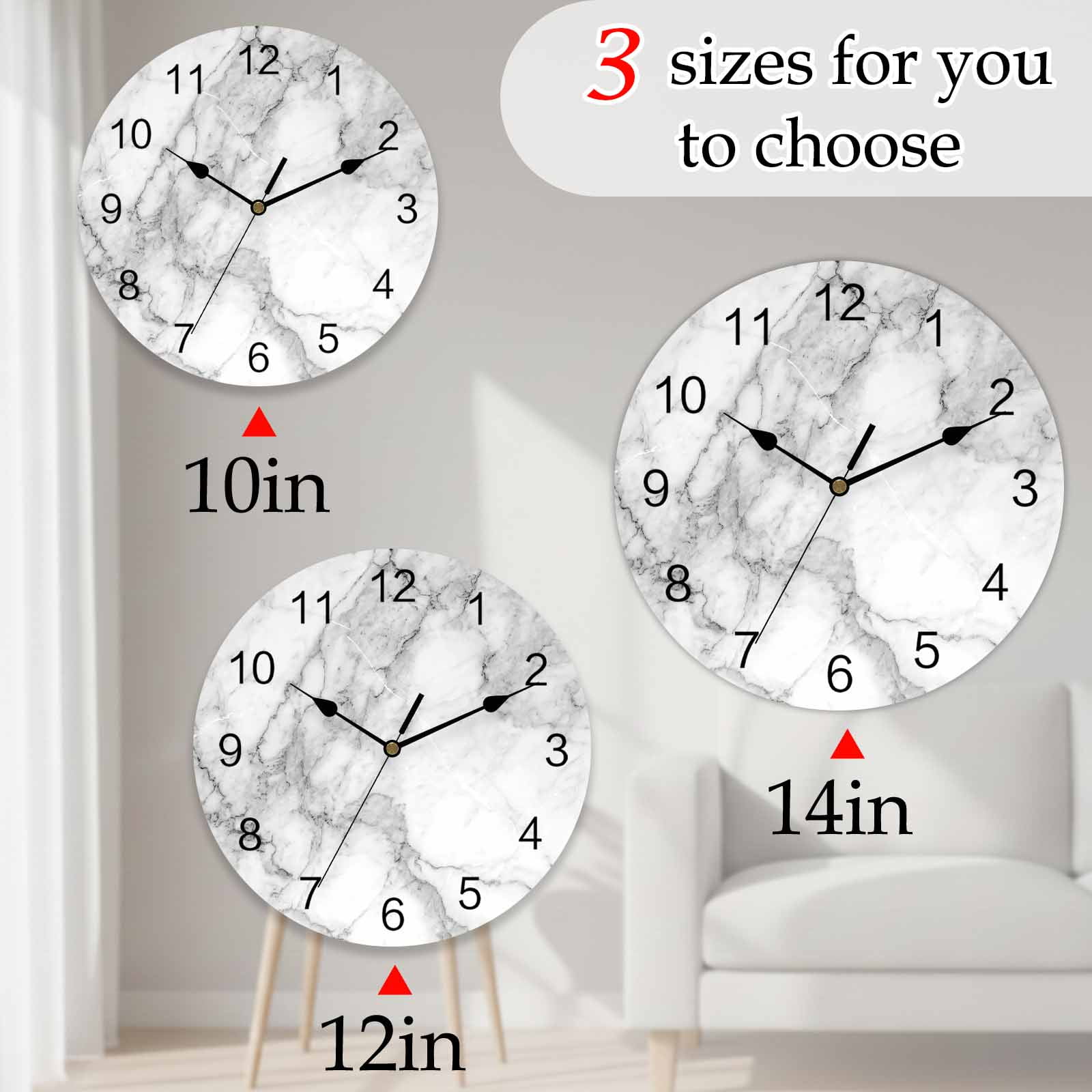 Silent Wall Clocks Battery Operated, Grey White Marble Round Decorative Wall Clock for Living Room Bedroom Kitchen Bathroom Classroom Decor, 12 Inch Abstract Modern Textured