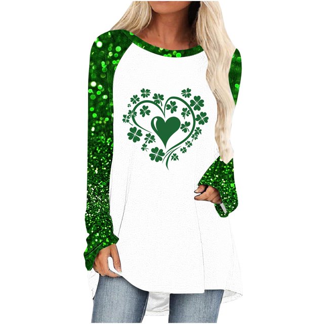 Plebaso Hauts pour Femmes de la Saint-Patrick Blouses à Col Rond Trèfle Imprimé Manches Longues T-Shirts Décontractés pour Femmes