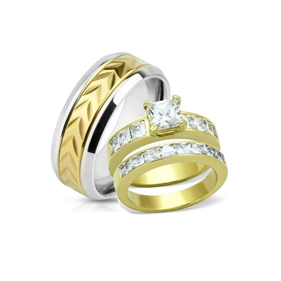 His Hers Yellow Gold Plated Stainless Steel Cz Wedding Ring Set