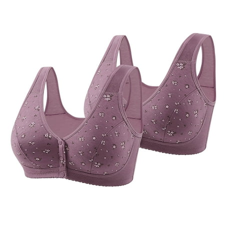 Sentmoon 2PC Wireless Bras for Women Oversize No Underwire Womens Bras Comfort Front Closure with Button Print Anti-Sagging Seamless Push up Bra Ladies Lightweight for Dating Outfits Purple 44