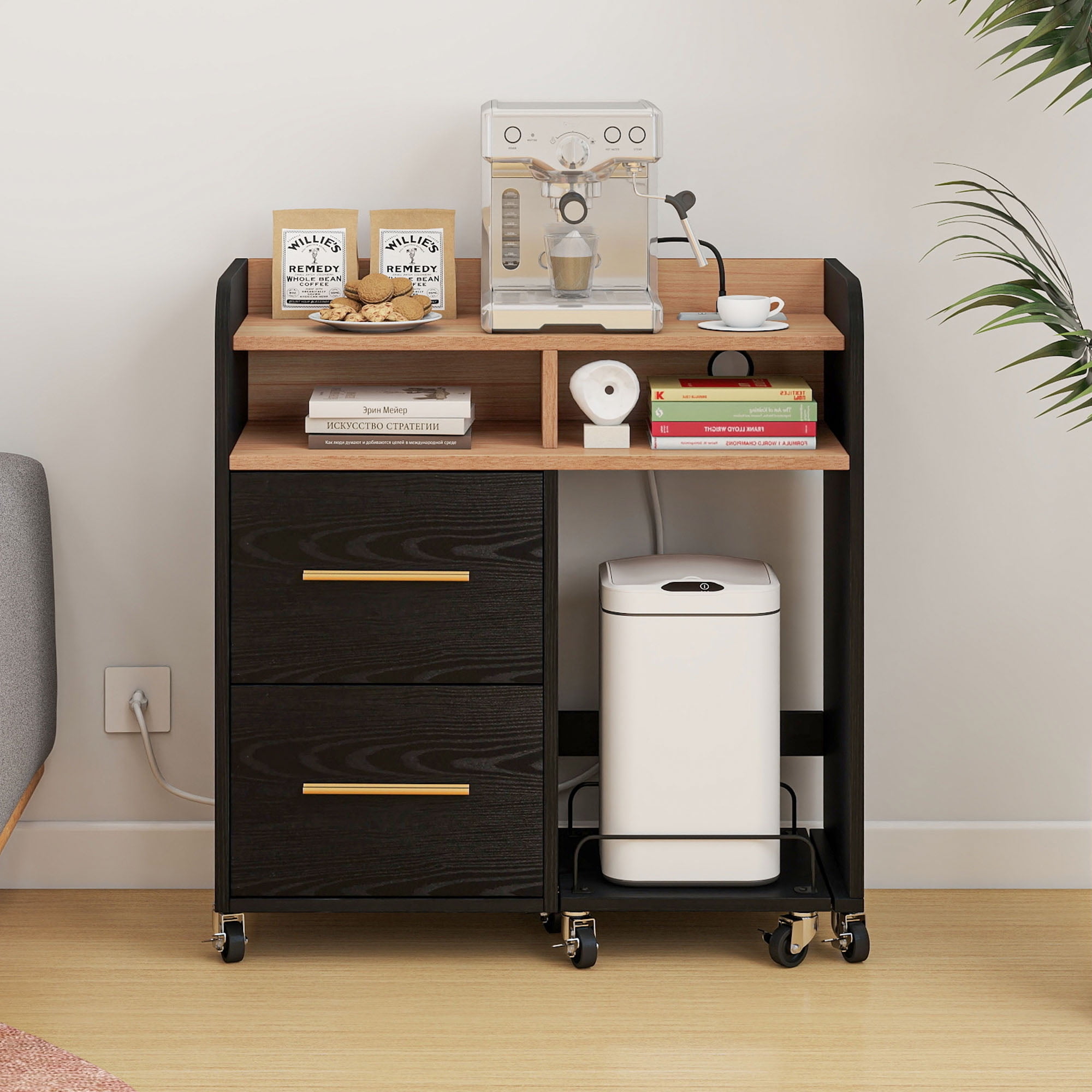 DEXTRUS Black File Cabinet with Charging Station, Shredder Stand, Printer Table, and 2-Drawer Storage