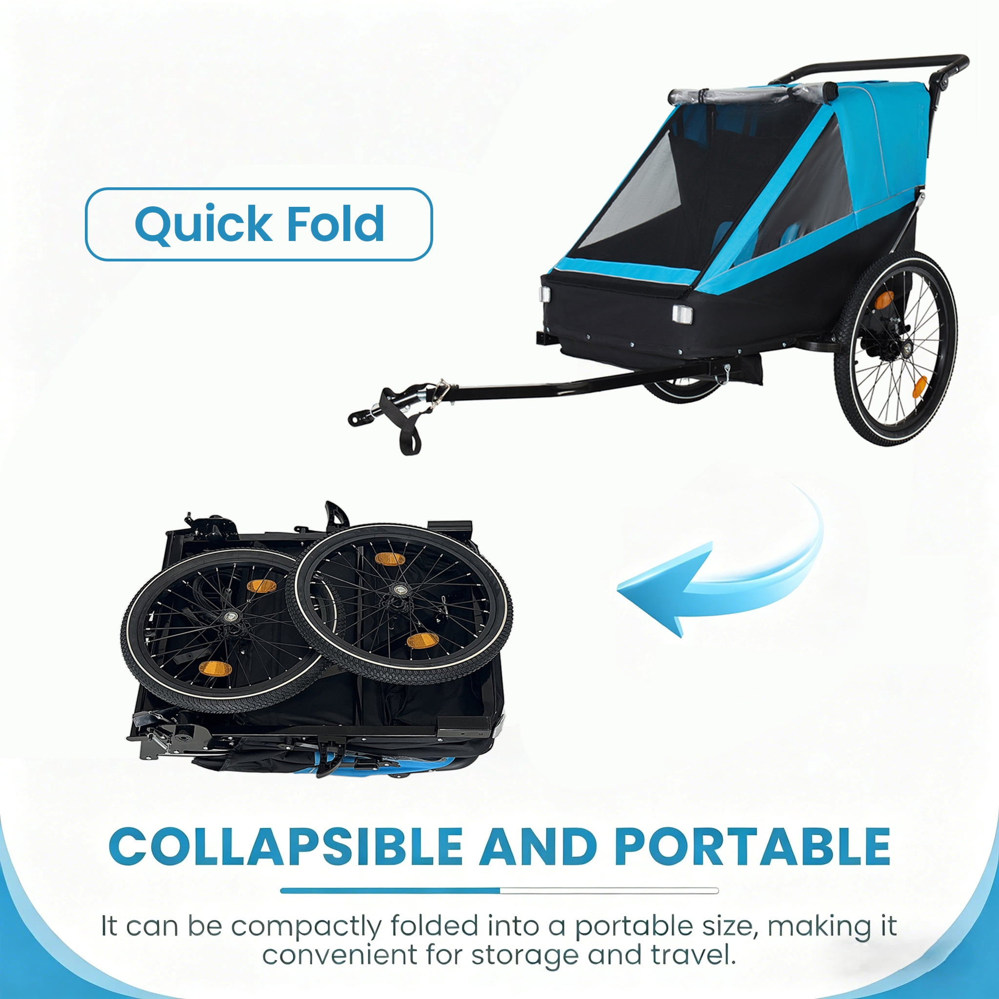 2 in 1 Kids Bike Trailer & Stroller, Jogging Style for 1-2 Children, Foldable with Universal Hitch, 5-Point Harness and Storage Bags for Outdoor Activities