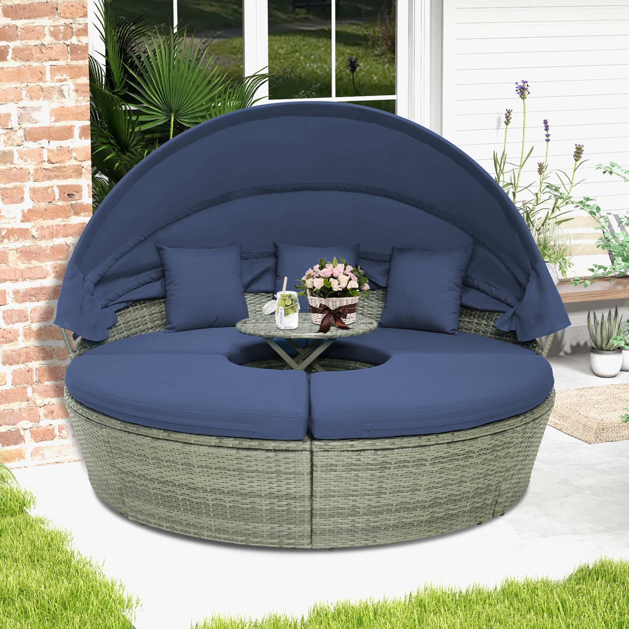 COSTWAY Outdoor Rattan Daybed With Retractable Canopy - White Patio Furniture With Cushions & Side Tables