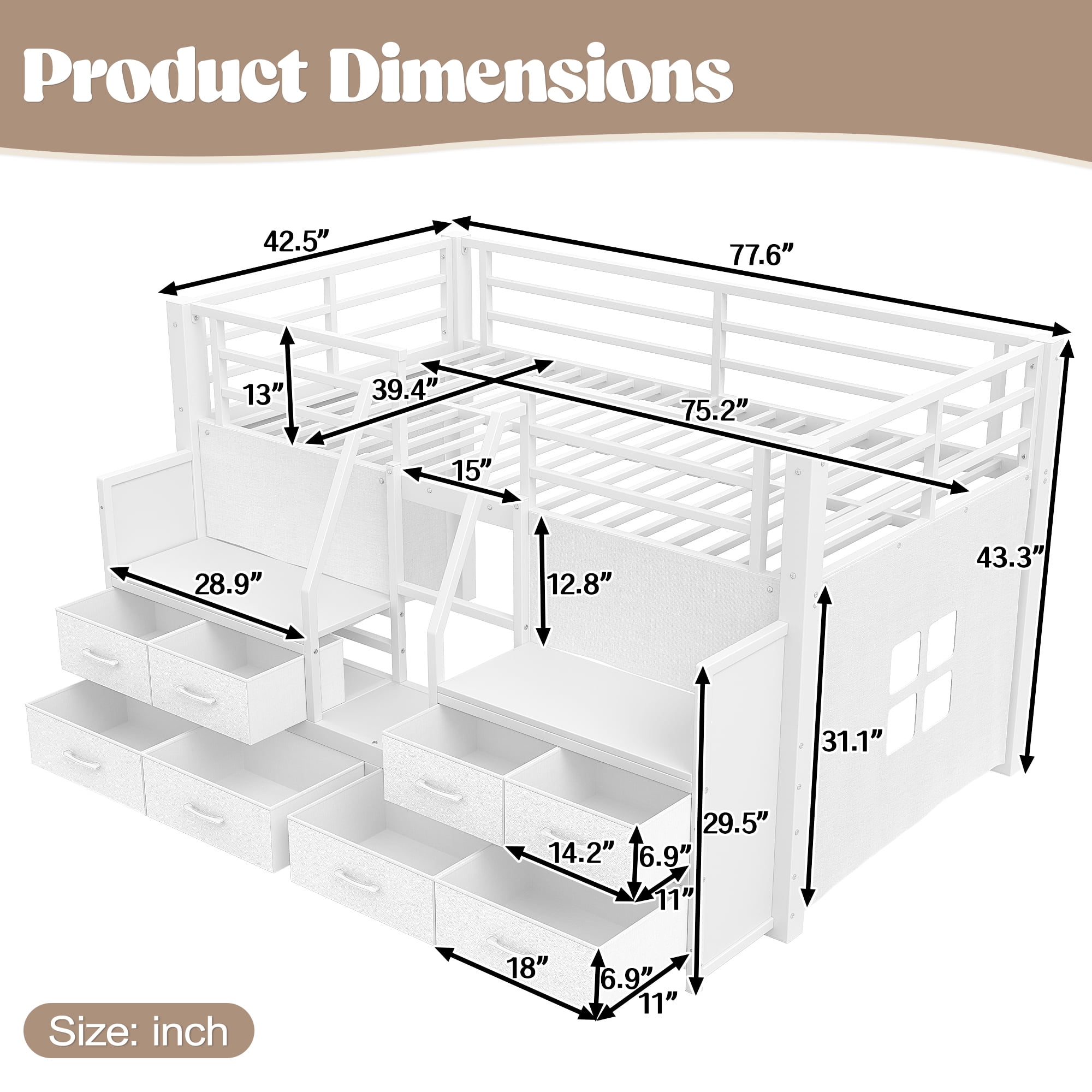 Leumius Twin Size Loft Bed with Multi-storage Spaces,Metal Low Loft Bed with Storage Drawers, Shelves,LED Lights and Independent Spaces Under Bed,No Box Spring Needed,Light White