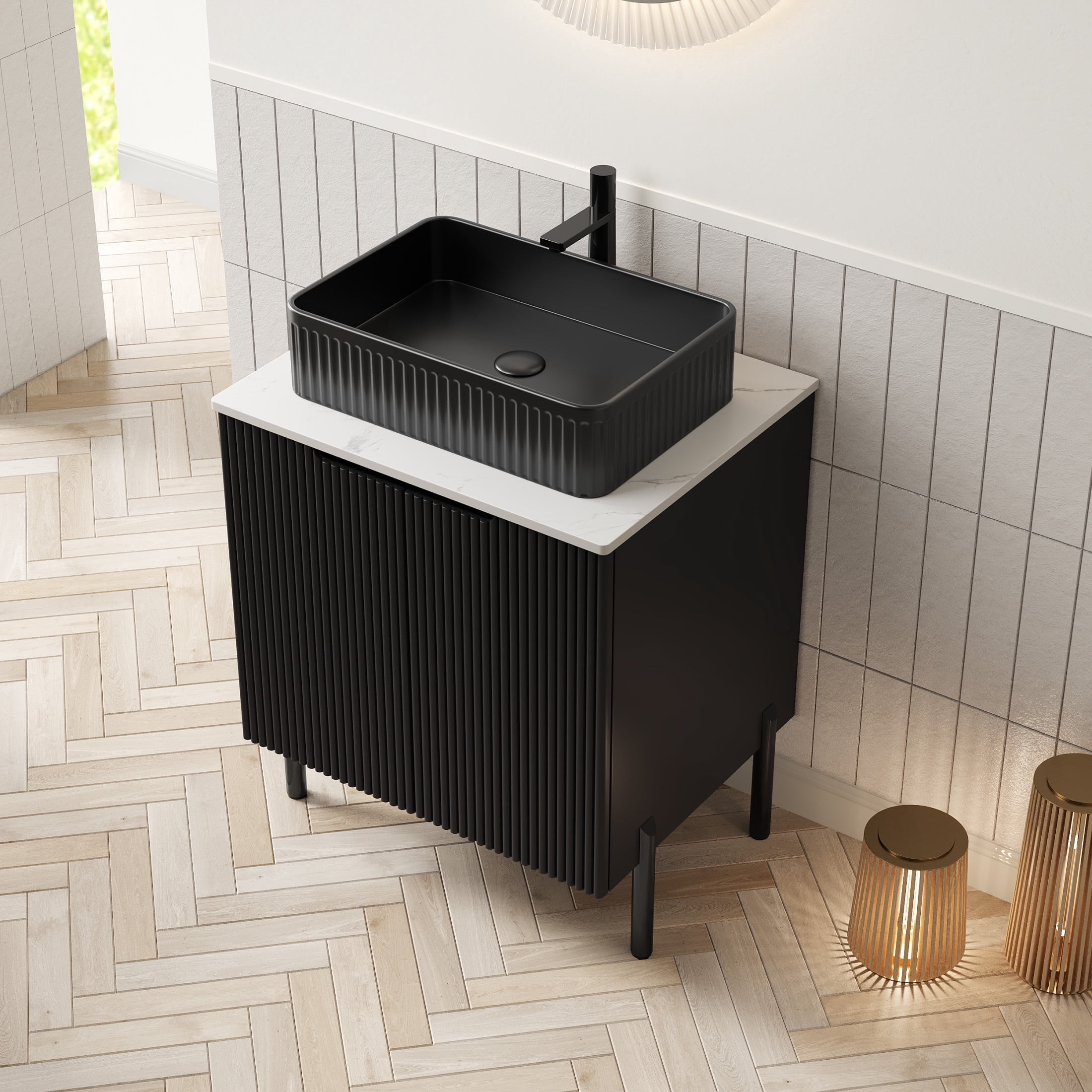 Noble House TURIO 24" Bathroom Vanity with Sintered Stone Countertop, Storage Cabinet, Black Rectangle Basin, Black