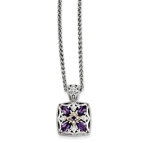 SS 14k Yellow Gold Diamond & Amethyst Vintage Style Necklace 0.04ct by Jewelrypot