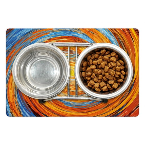 Fractal Pet Mat for Food and Water, Hippie Style Vortex Spiral Rotary Colorful Chaotic Unusual Turning Contrast Design, Non-Slip Rubber Mat for Dogs and Cats, 18" X 12", by Ambesonne
